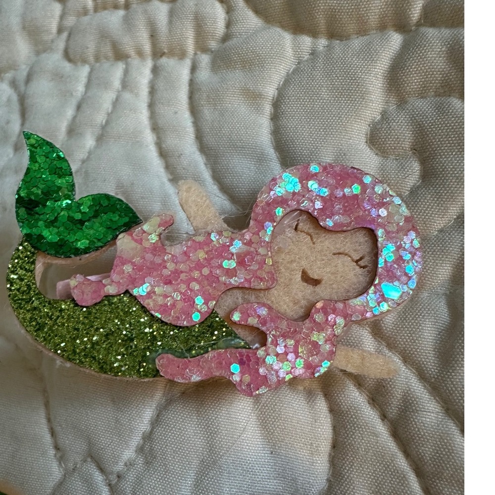 Pink Green Glitter Mermaid Hair Clips Felt Alligator Accessory Set of 2 - Picture 2 of 3